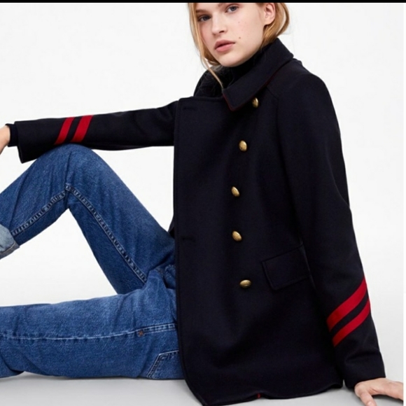 ZARA MILITARY STYLE BLUE WOOL BLEND CLASSIC SHORT COAT JACKET SIZE M - Picture 4 of 13